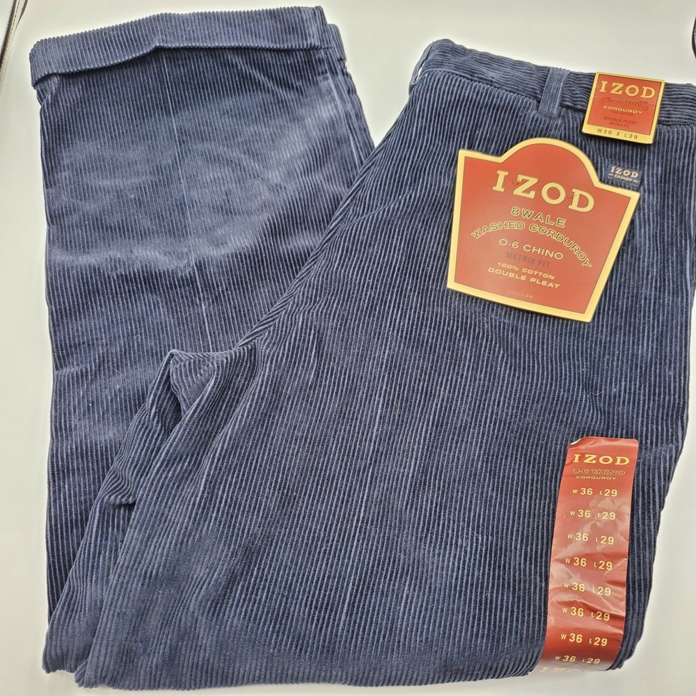 IZOD Mens 36x29 Navy Blue 8-Wale Corduroy O-6 Chino Double Pleat Cuffed Pants
